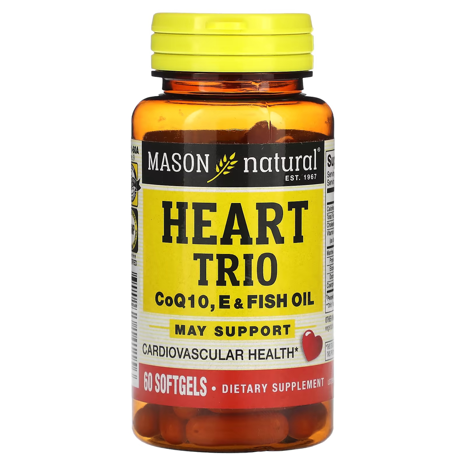 Пищевая добавка Mason Natural Heart Trio CoQ10, E и рыбий жир, 60 мягких таблеток mason natural heart trio коэнзим q10 пищевой и рыбий жир 60 мягких таблеток