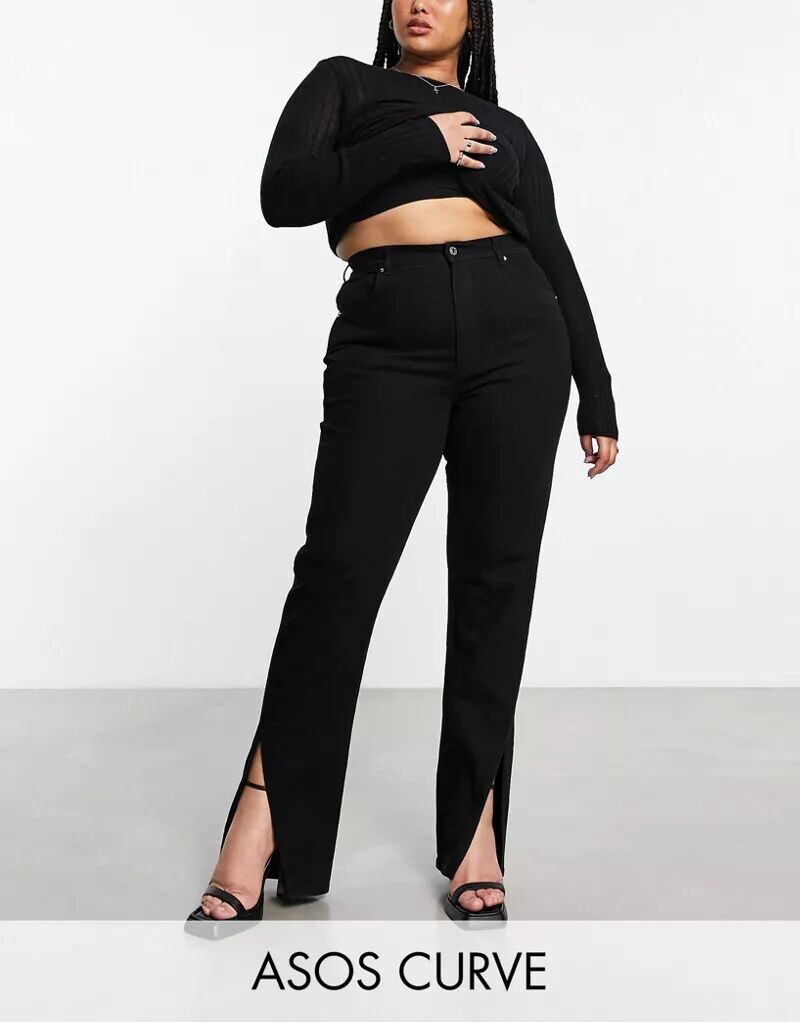 

Черные узкие джинсы прямого кроя с разрезом по низу ASOS DESIGN Curve