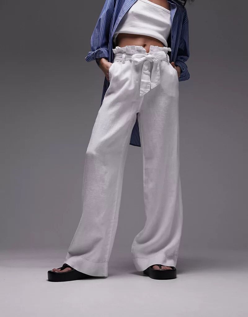 цена Белые льняные брюки Topshop с высокой талией и широким кроем