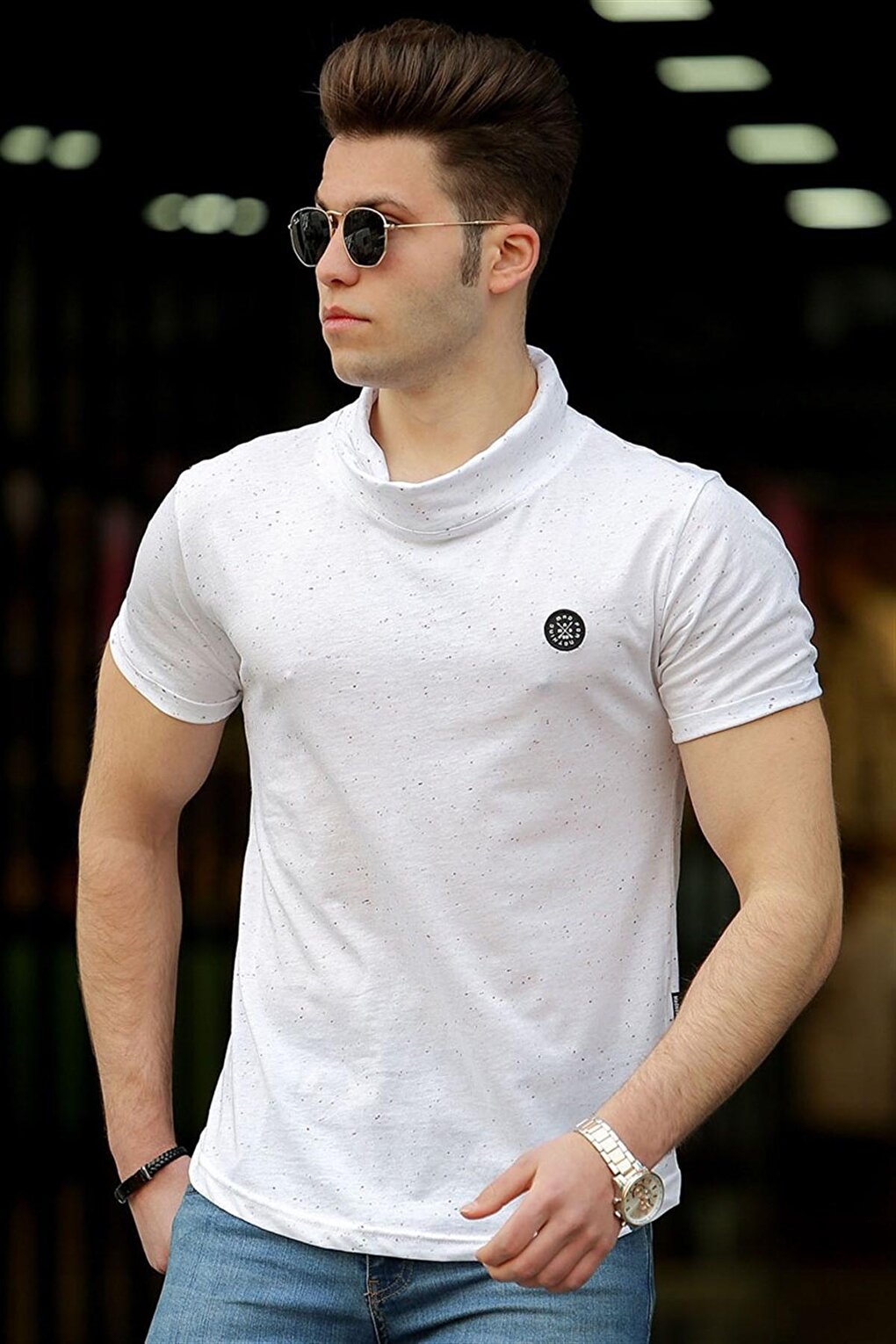Мужская белая футболка с шалевым воротником 4554 MADMEXT