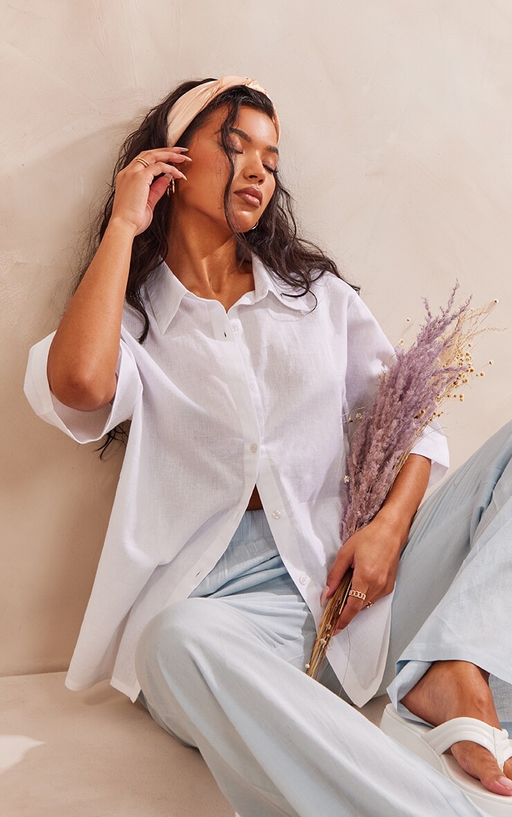 

PrettyLittleThing Белая льняная рубашка оверсайз с коротким рукавом