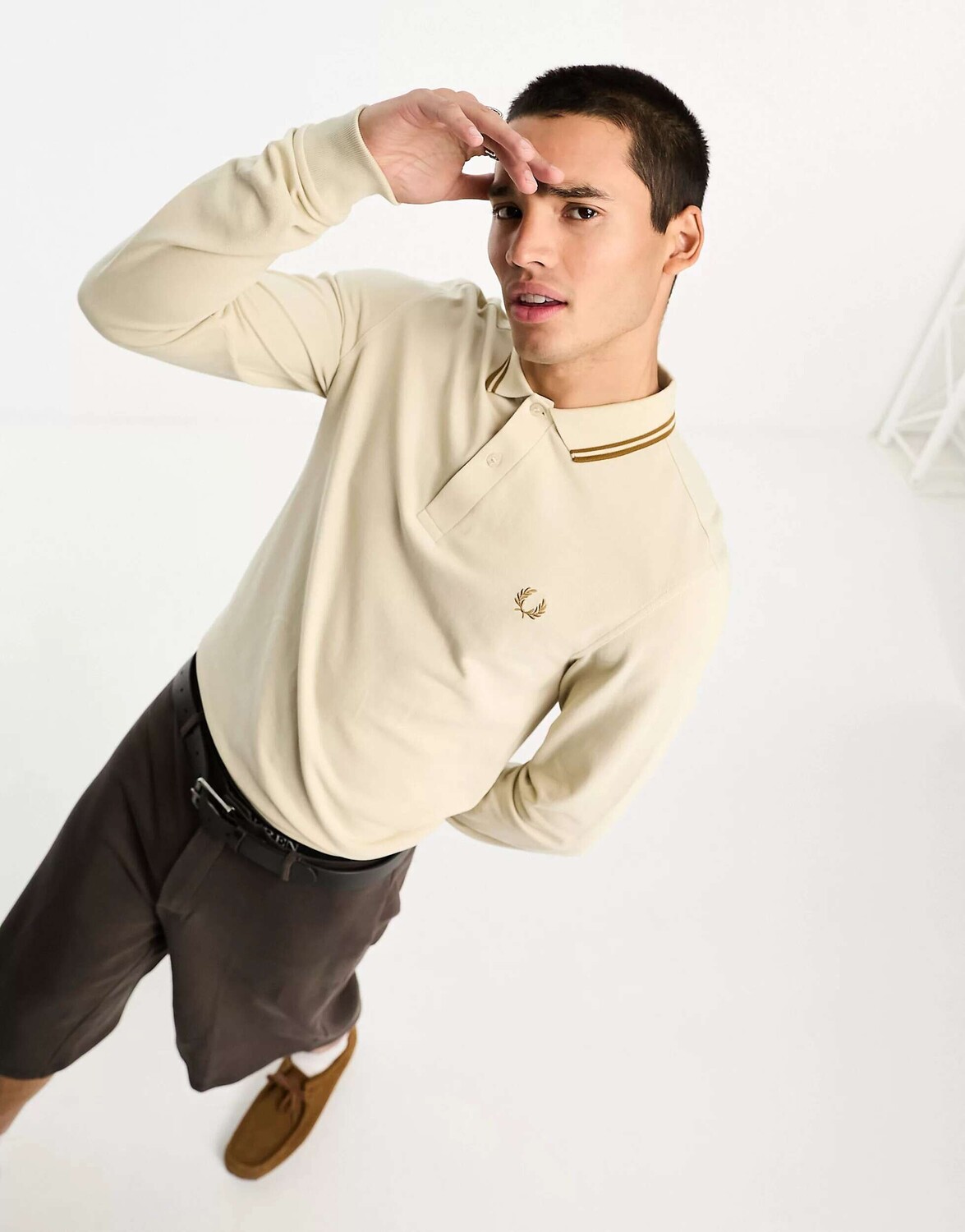 

Овсяная рубашка-поло с длинными рукавами и двойным воротником Fred Perry