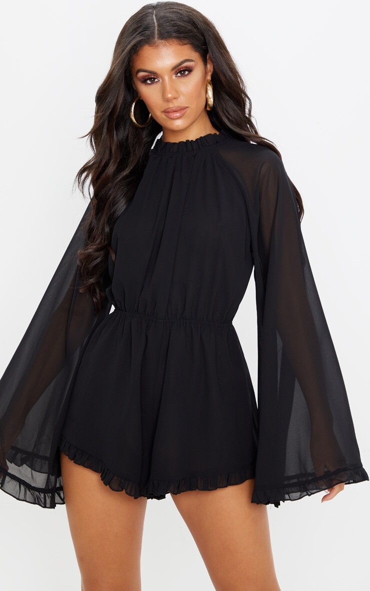 

PrettyLittleThing Черный шифоновый комбинезон с открытой спиной