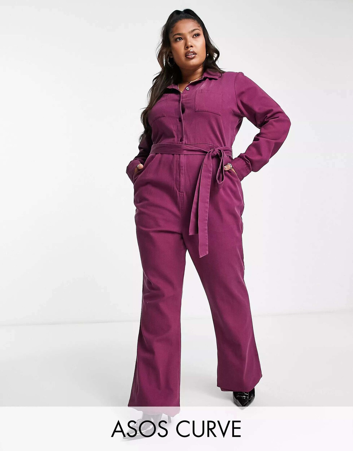 

Бордовый комбинезон из твила с длинными рукавами и воротником ASOS DESIGN Curve
