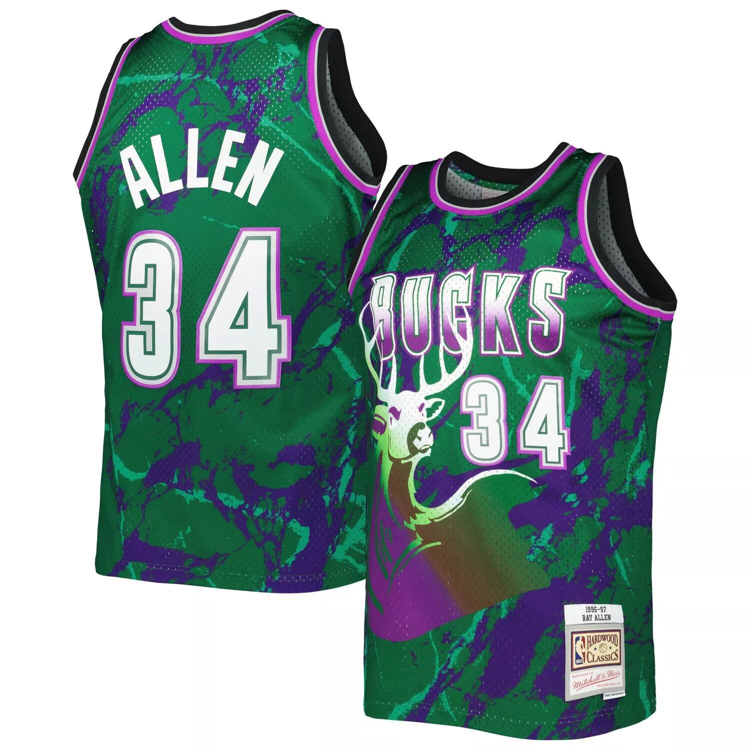 

Мужская майка Mitchell & Ness Ray Allen Green Milwaukee Bucks 1996-97 Hardwood Classics Marble Swingman