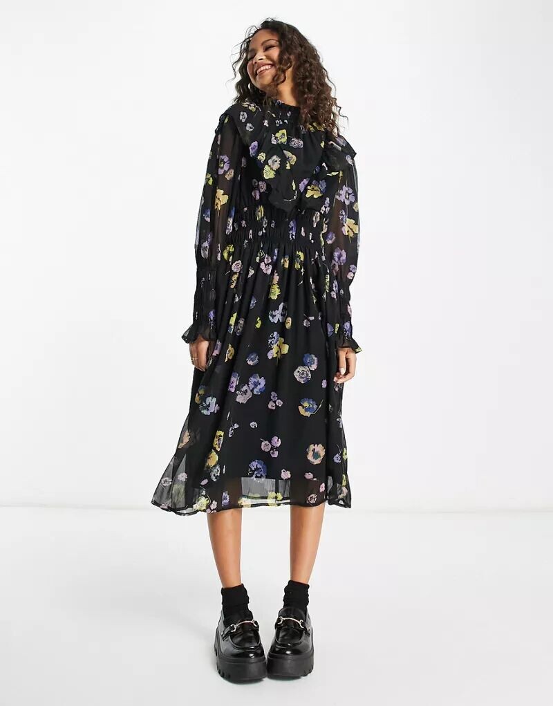 

Платье миди Vero Moda со сборками и цветочным принтом, Черный