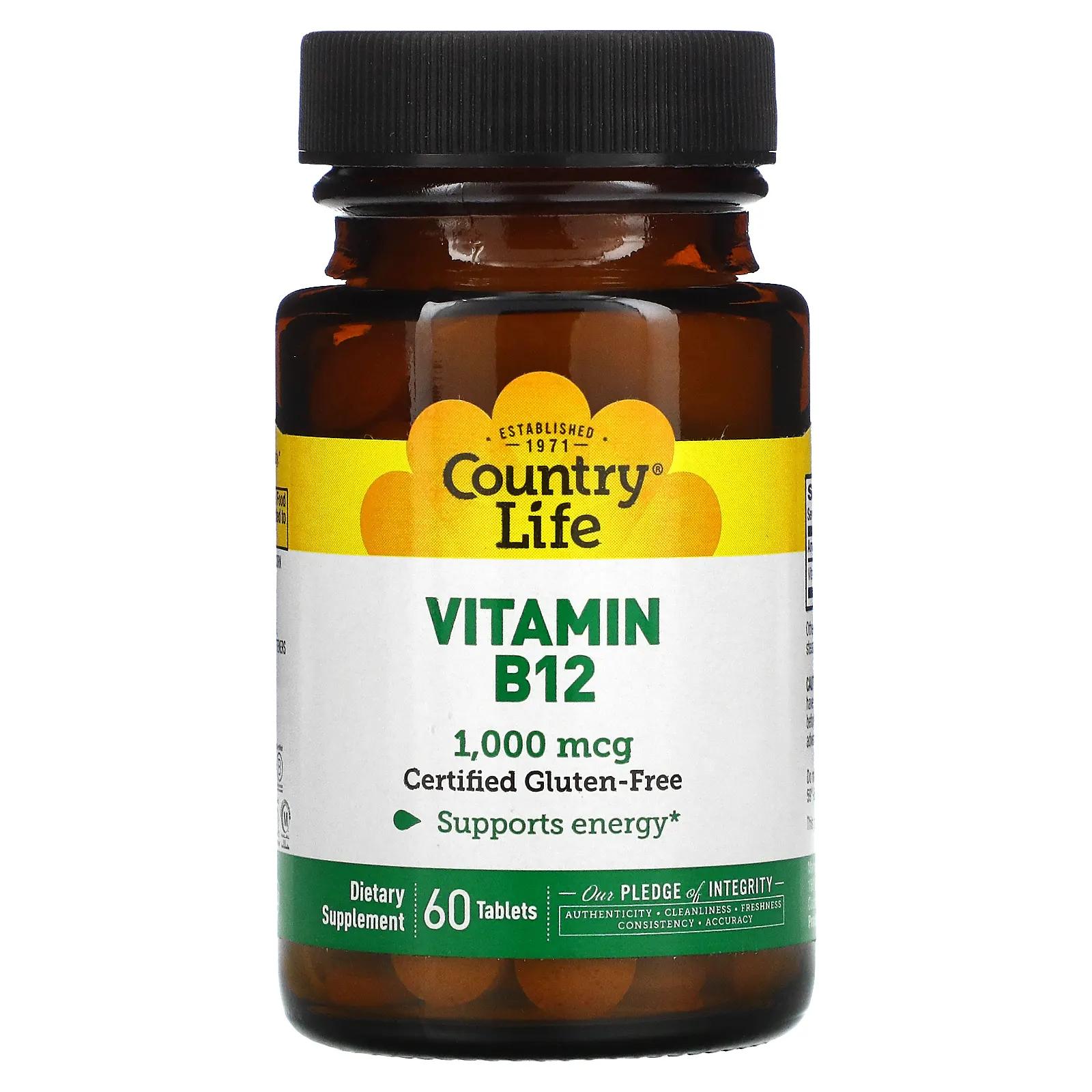 Country Life Витамин В12 1000 мкг 60 таблеток country life сертифицированный веганский витамин k2 клубника 500 мкг 60 жевательных таблеток