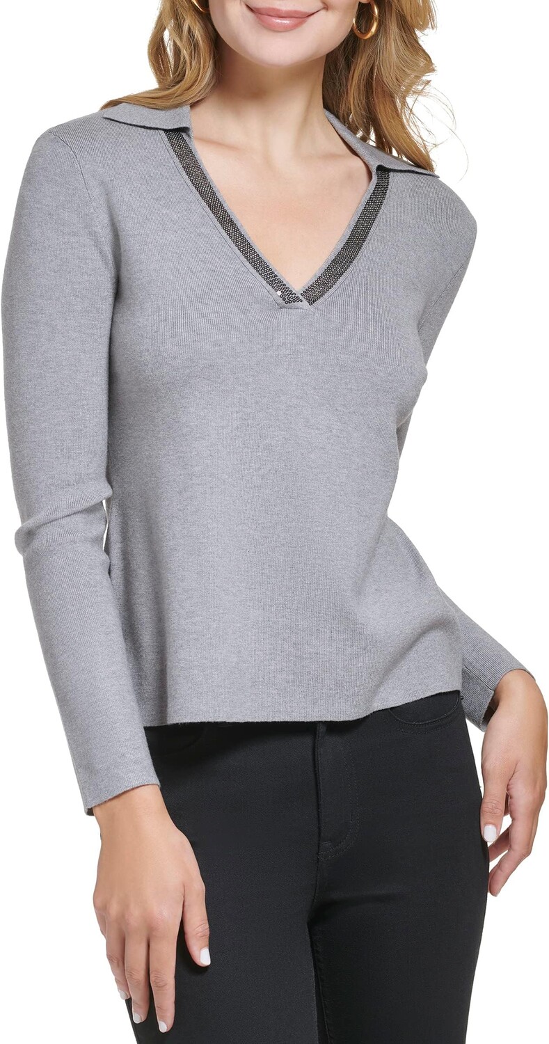 

V-образный вырез с отделкой пайетками Calvin Klein, цвет Heather Granite