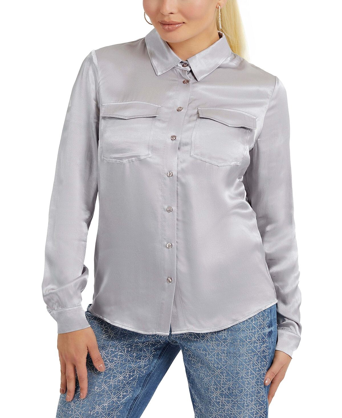 

Женская атласная рубашка Linda с длинными рукавами и пуговицами спереди GUESS