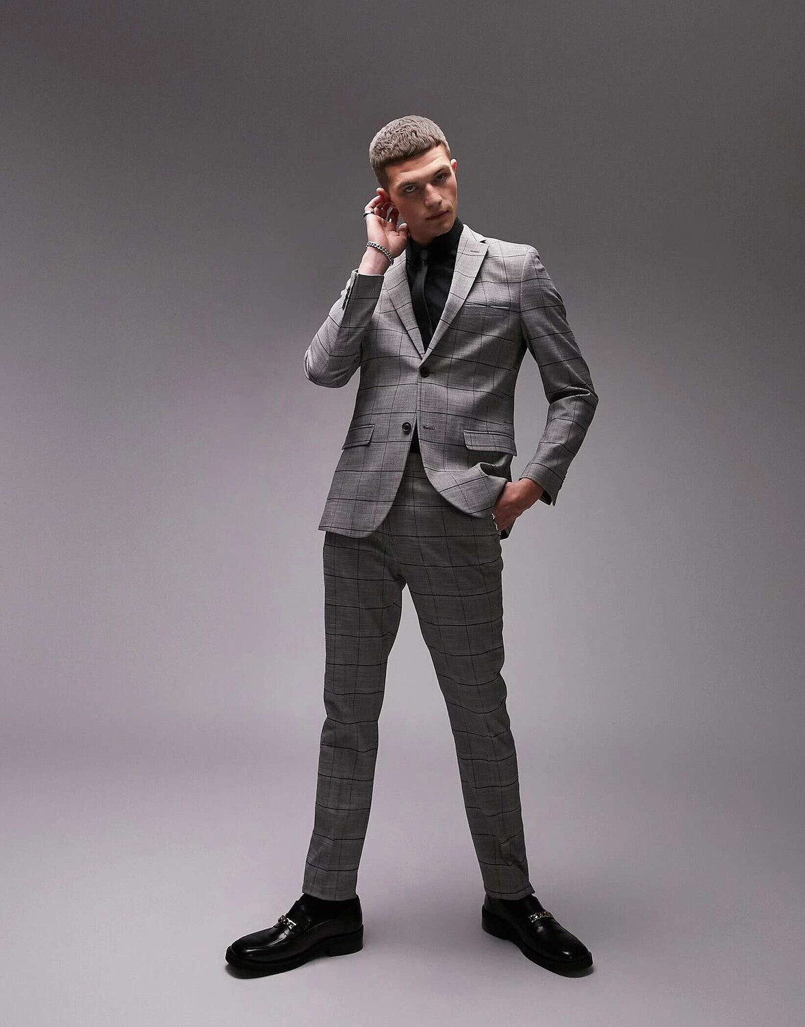 

Черно-белый узкий свадебный пиджак в клетку на двух пуговицах Topman