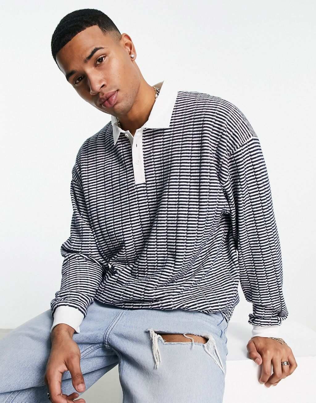 

Объемная толстовка-поло в темно-синюю полоску ASOS DESIGN