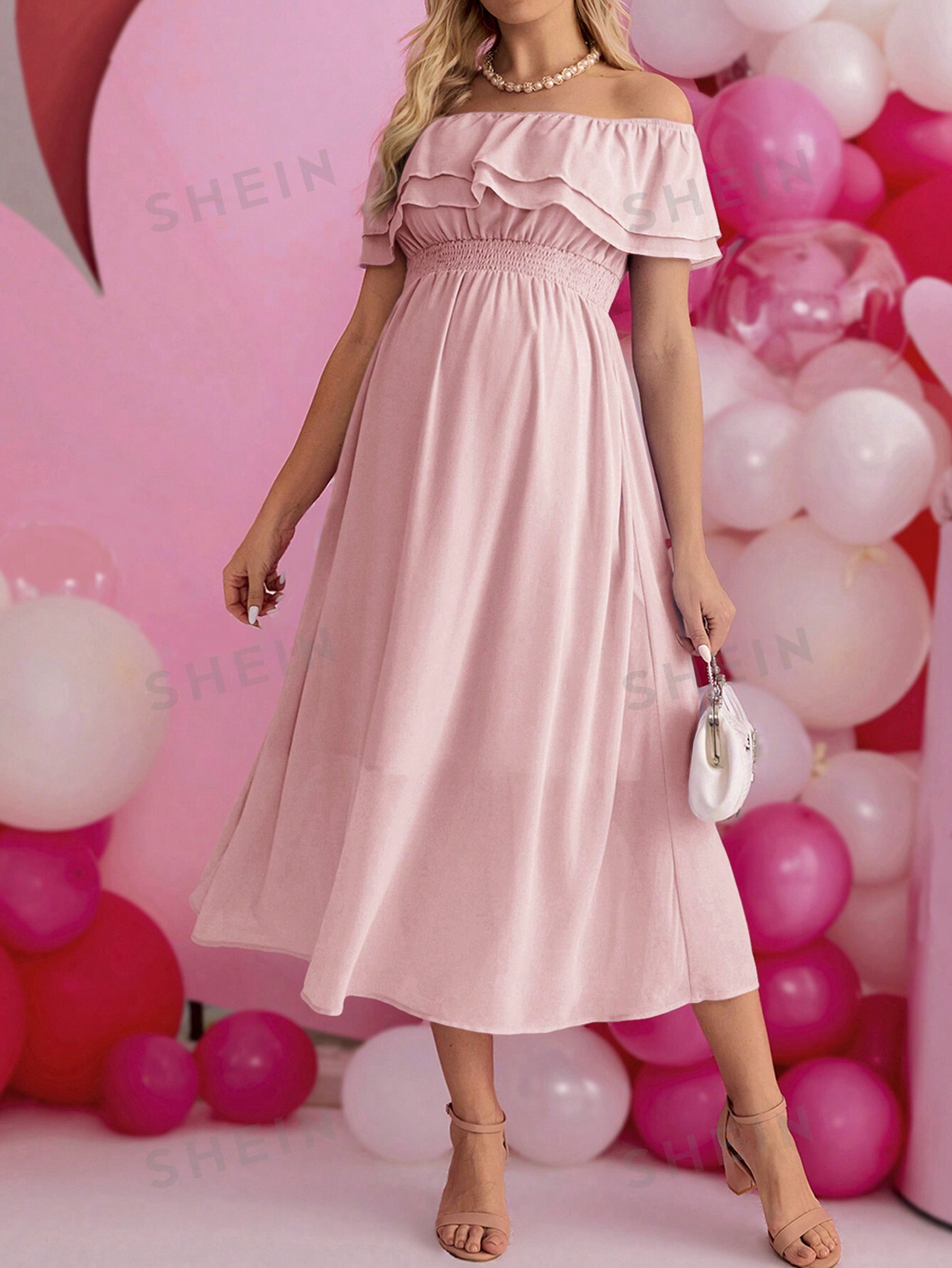 SHEIN Однотонное платье для беременных с открытыми плечами, розовый женский комбинезон с оборками adogirl вечерние комбинезоны с открытыми плечами и оборками уличная одежда