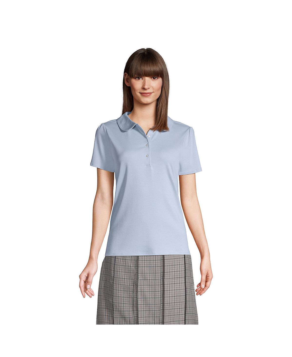 Школьная форма женская рубашка поло с коротким рукавом и воротником Питера Пэна Lands' End, синий