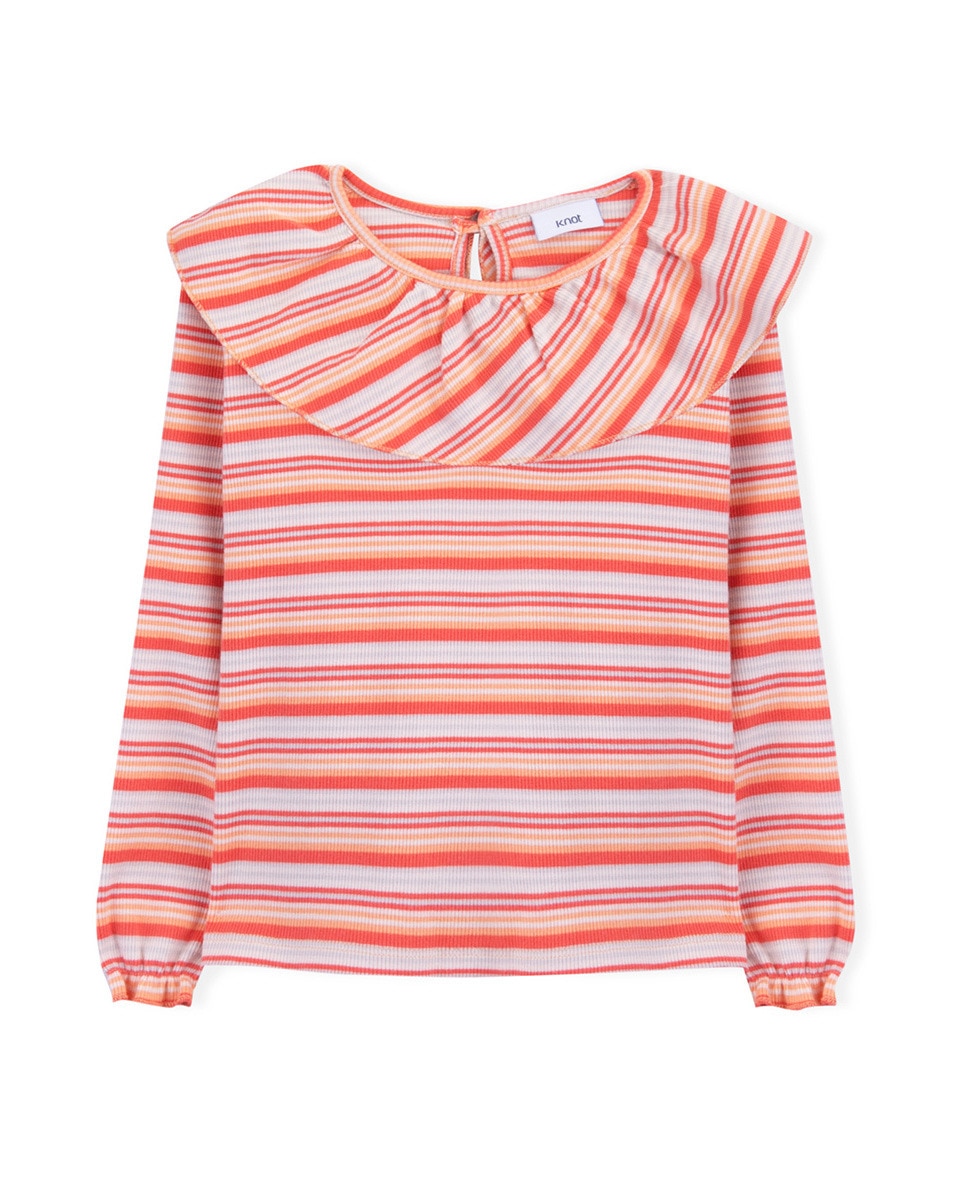 цена Полосатая хлопковая футболка для девочки с воротником с рюшами KNOT, мультиколор