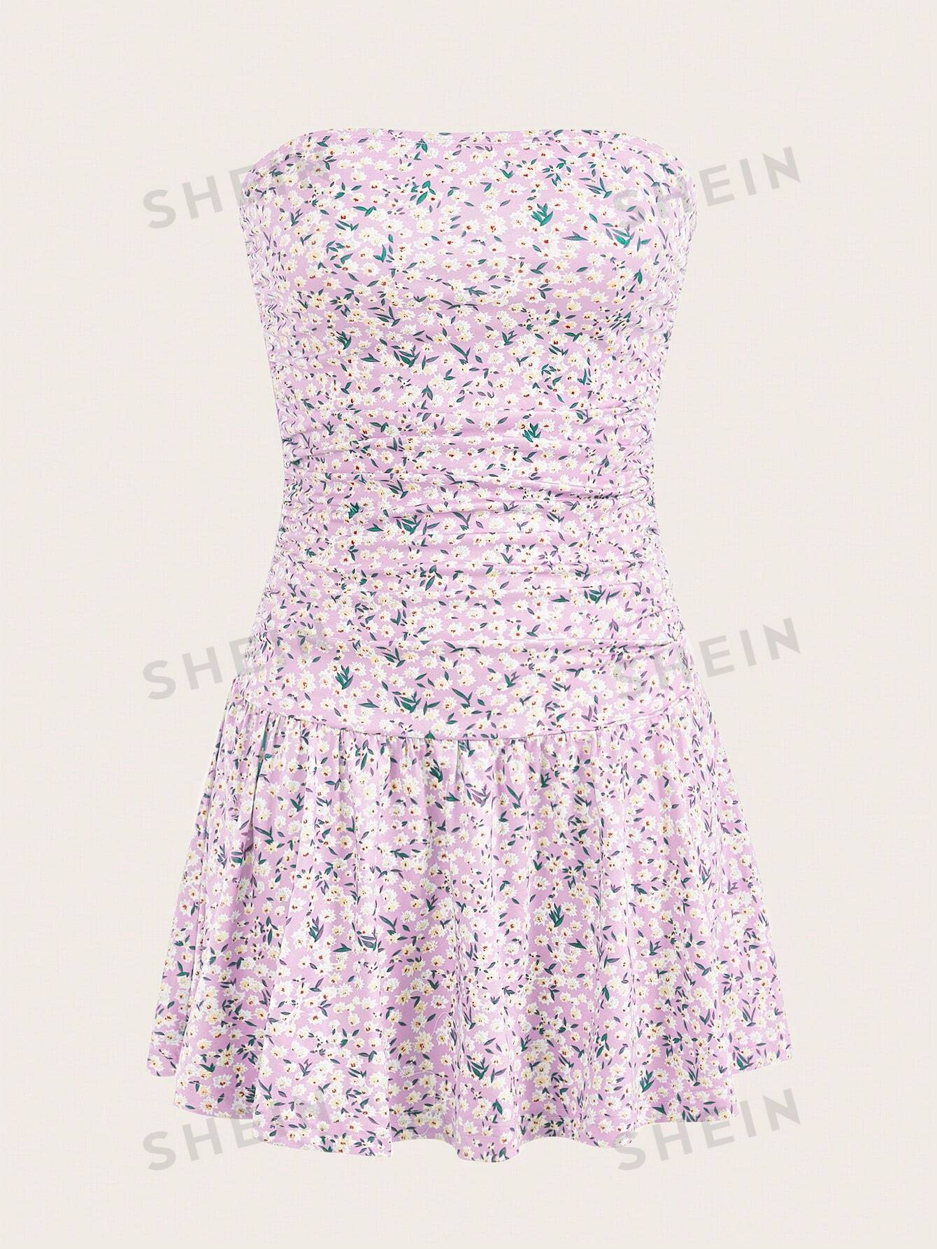 цена SHEIN EZwear Плиссированное платье без бретелек с цветочным принтом, сиреневый фиолетовый