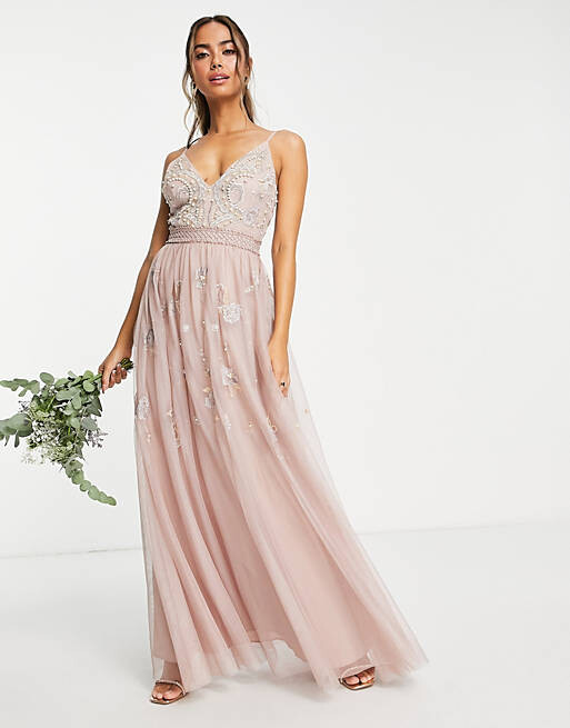 

Розовое платье макси на бретелях с цветочной вышивкой и жемчугом ASOS DESIGN Bridesmaid