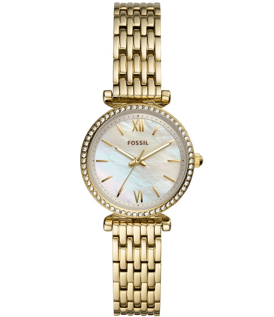 цена Мини-часы Fossil Carlie с тремя стрелками, белый перламутровый циферблат, золотистый корпус из нержавеющей стали, золотой