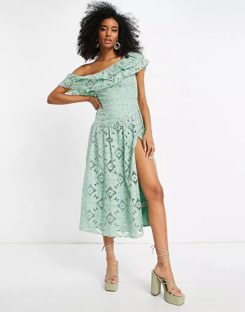 

Зеленое кружевное платье миди на одно плечо ASOS