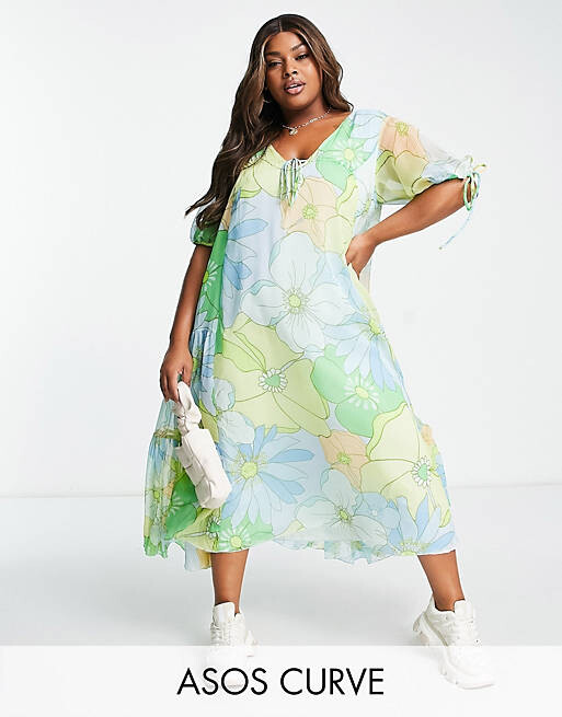 

Зеленое платье макси с трапециевидным цветочным принтом ASOS DESIGN Curve 70-х
