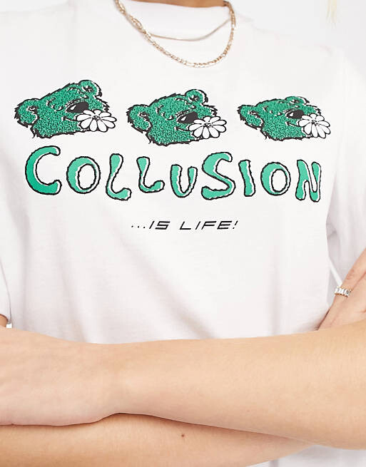 

Белая футболка оверсайз с принтом тедди COLLUSION, Белый