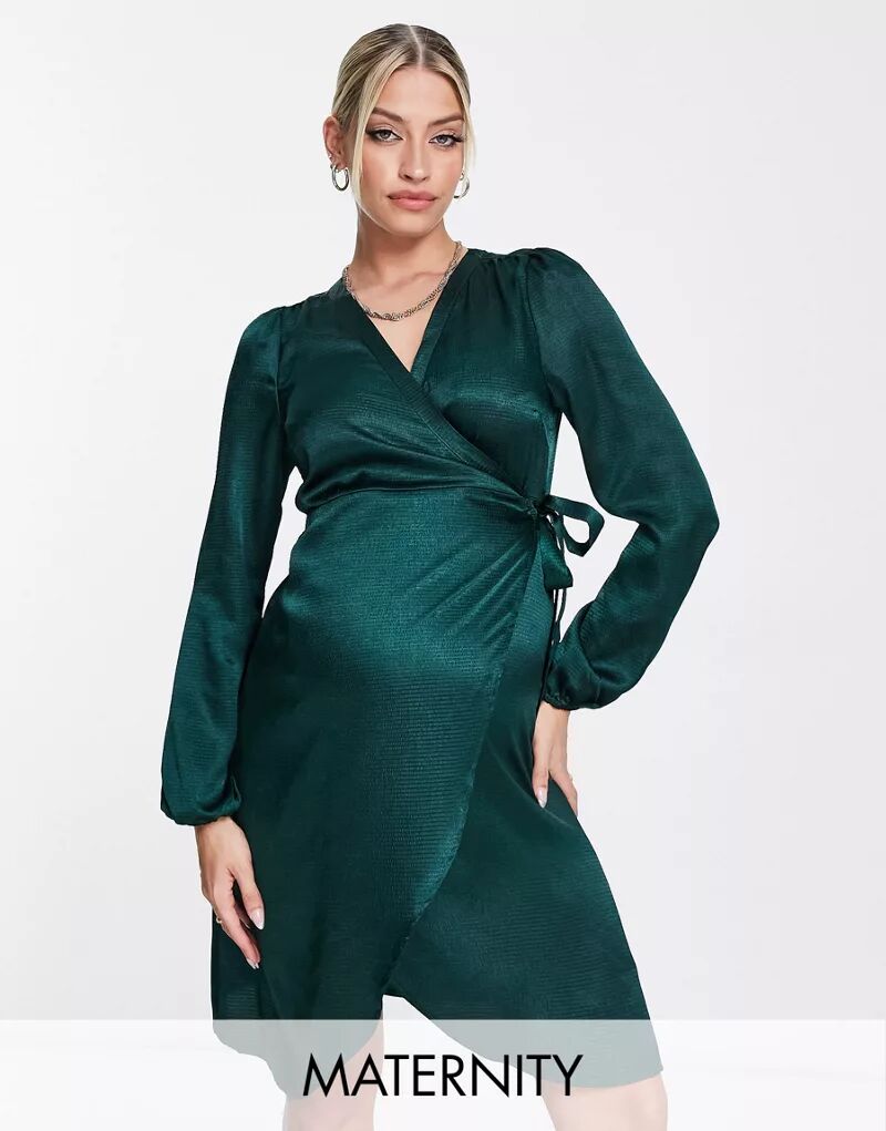 Атласное мини-платье с запахом Vero Moda для беременных насыщенного зеленого цвета Vero Moda Maternity