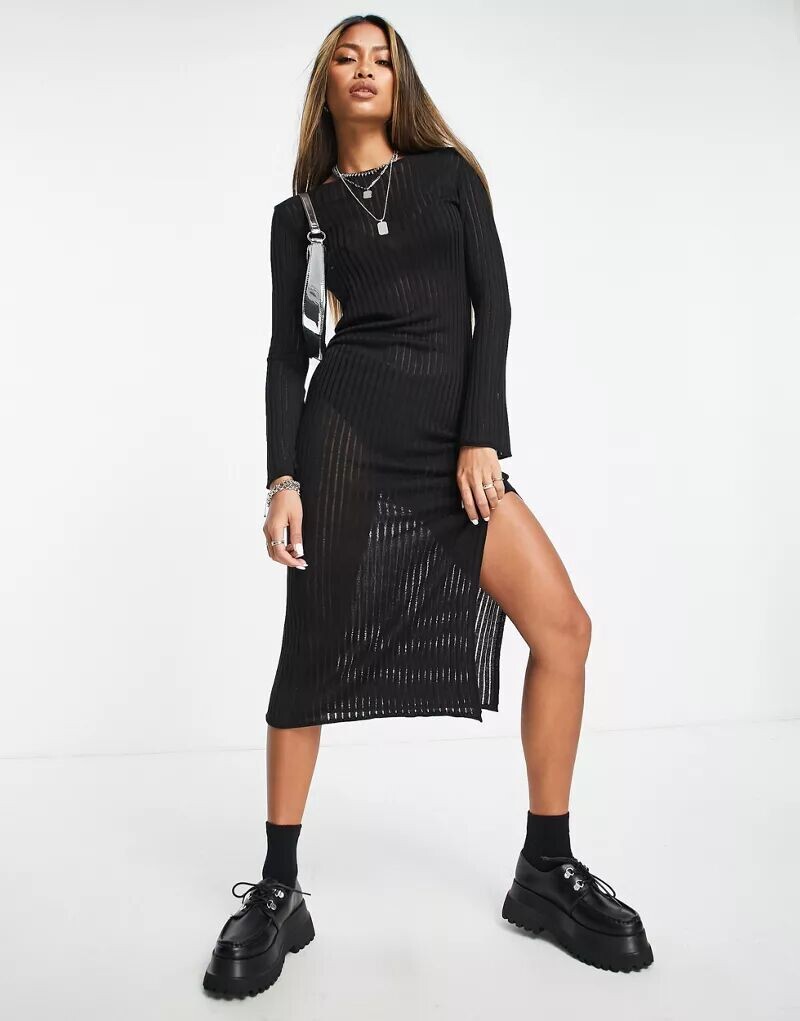 

Черное трикотажное платье миди с открытой гладью ASOS