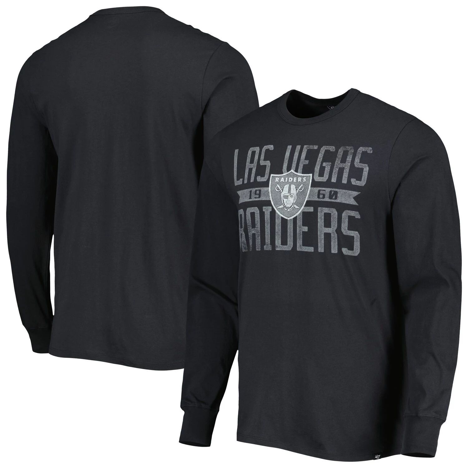 мужская серо черная футболка с капюшоном las vegas raiders franklin wooster с длинными рукавами и меланжевым принтом 47 brand мульти Мужская черная футболка с длинными рукавами с широкими рукавами и логотипом Las Vegas Raiders '47 Franklin