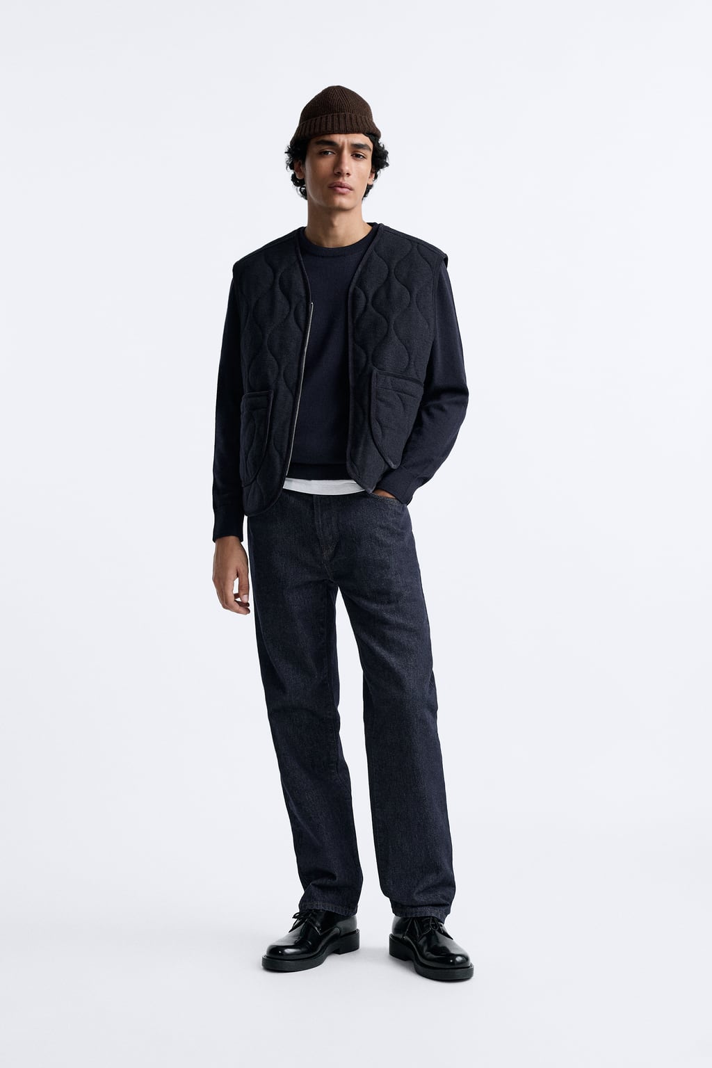 

Стеганый жилет из смеси шерсти и хлопка ZARA, синий