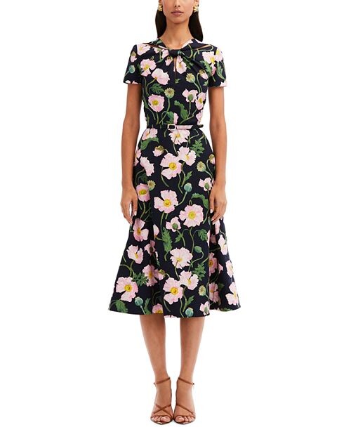 

Платье с поясом и короткими рукавами Painted Poppies Oscar de la Renta, цвет Multi
