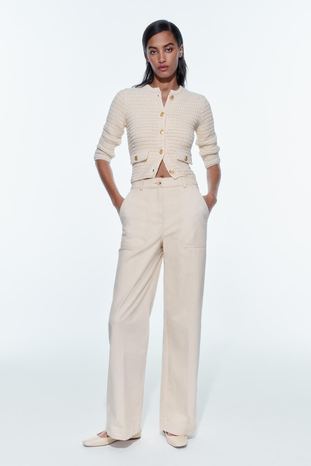 

Трикотажный кардиган с рукавами 33/4 ZARA, экрю
