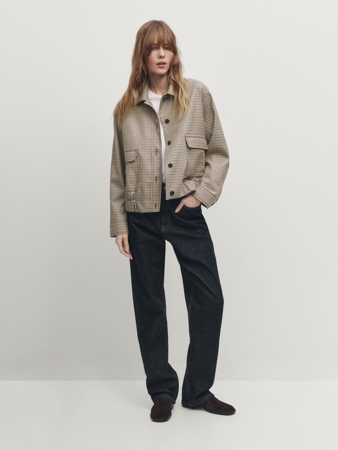 

Бомбер в клетку с контрастными пуговицами Massimo Dutti, коричневый