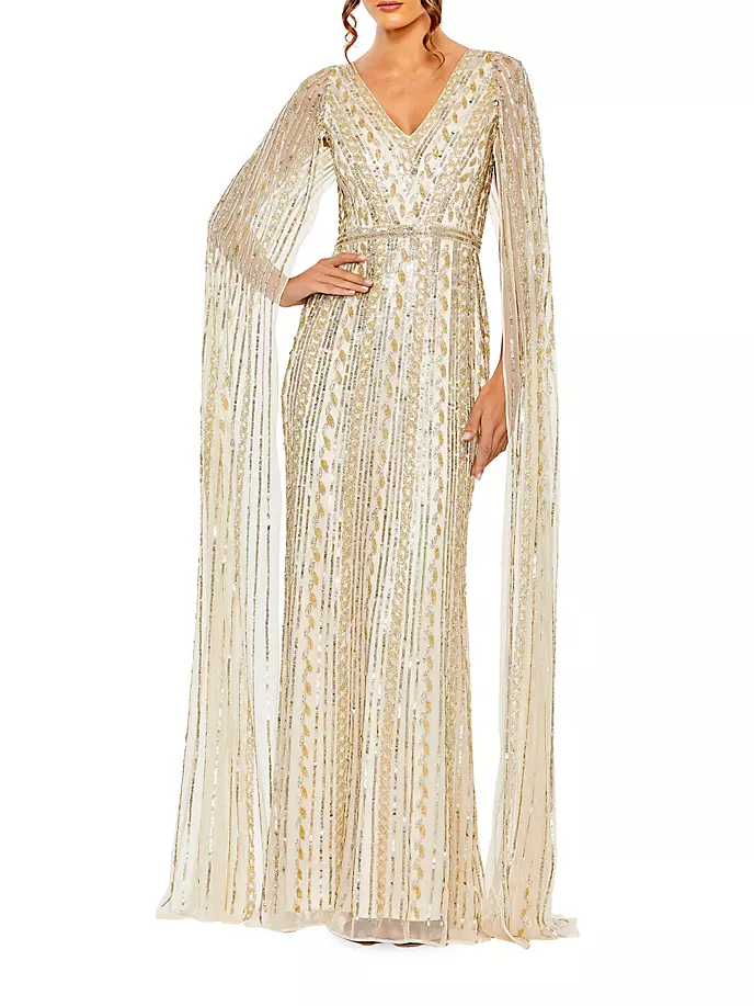 Украшенное платье с накидкой и рукавами Mac Duggal, цвет beige silver