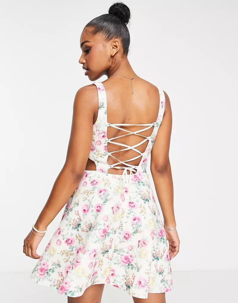 

Мини-платье Miss Selfridge из неопрена с корсетом, вырезами и цветочным принтом