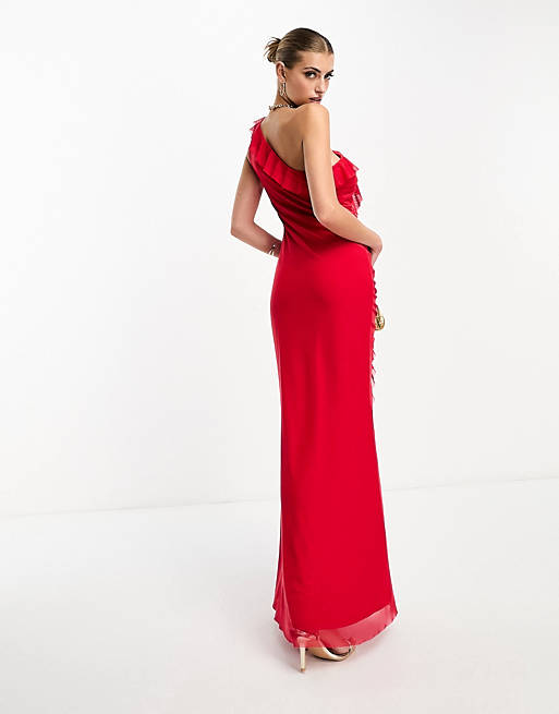 Красное сетчатое платье макси с воланами и оборками