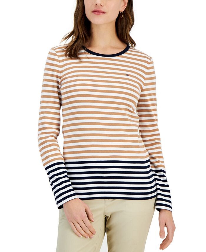 

Женский хлопковый топ в полоску с цветными блоками Tommy Hilfiger, коричневый