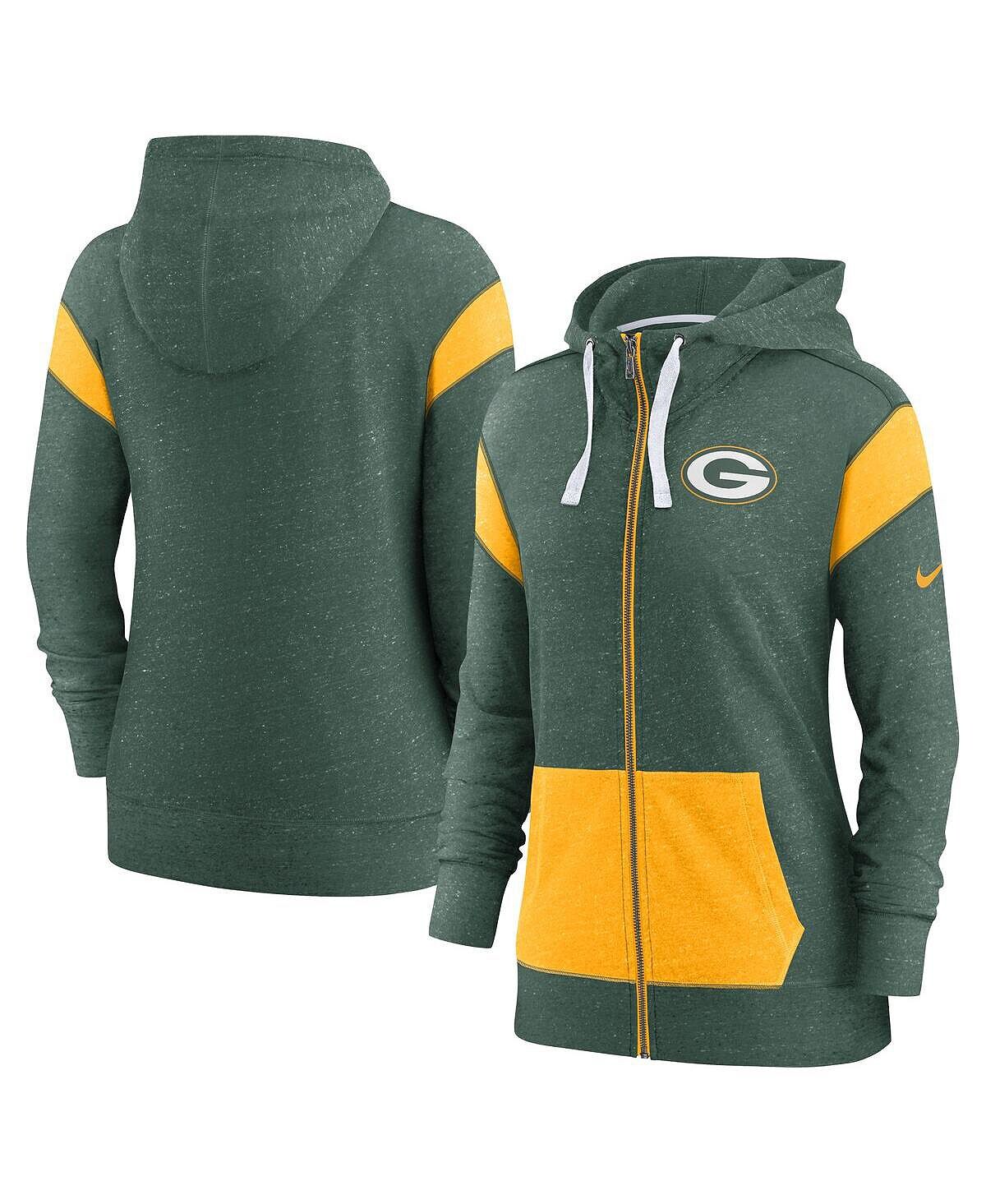 

Женская толстовка с молнией во всю длину Green Bay Packers Monaco, зеленая, золотистая с принтом Heathered Nike