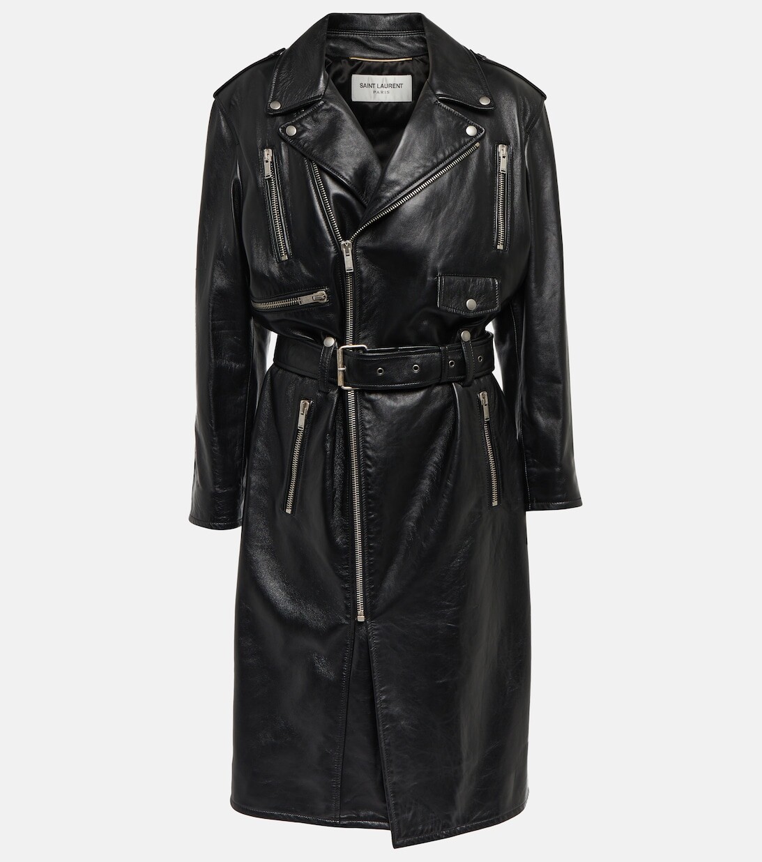 

Кожаное пальто с поясом SAINT LAURENT, черный