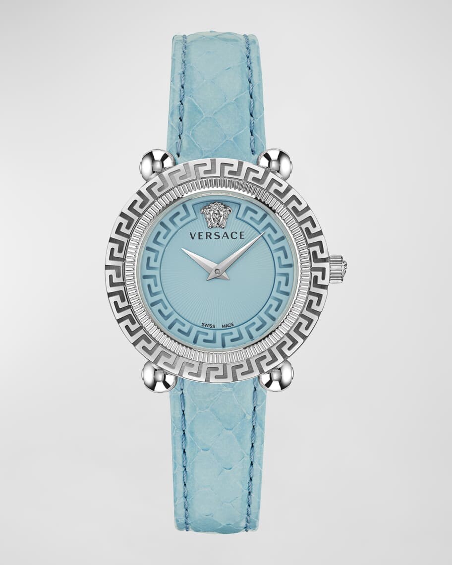 

Часы Greca Twist диаметром 35 мм с кожаным ремешком, серебристо-синие Versace
