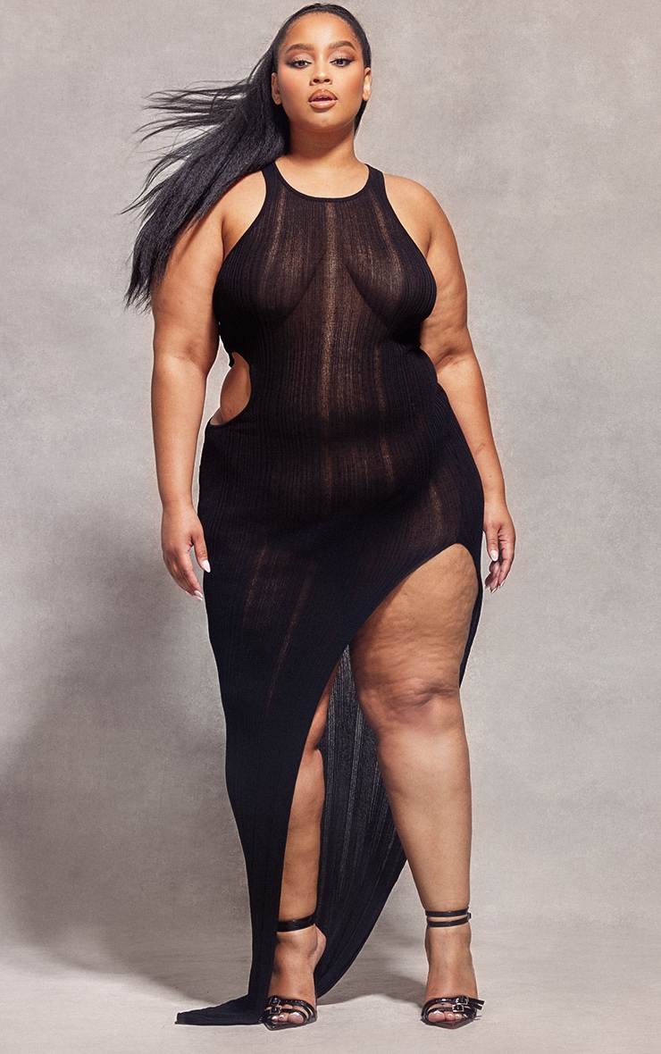 PrettyLittleThing Черное прозрачное трикотажное платье макси с вырезом-борцовкой цена и фото