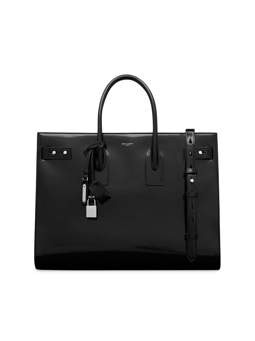 

Тонкая большая сумка-тоут Sac De Jour из глянцевой кожи Saint Laurent, черный