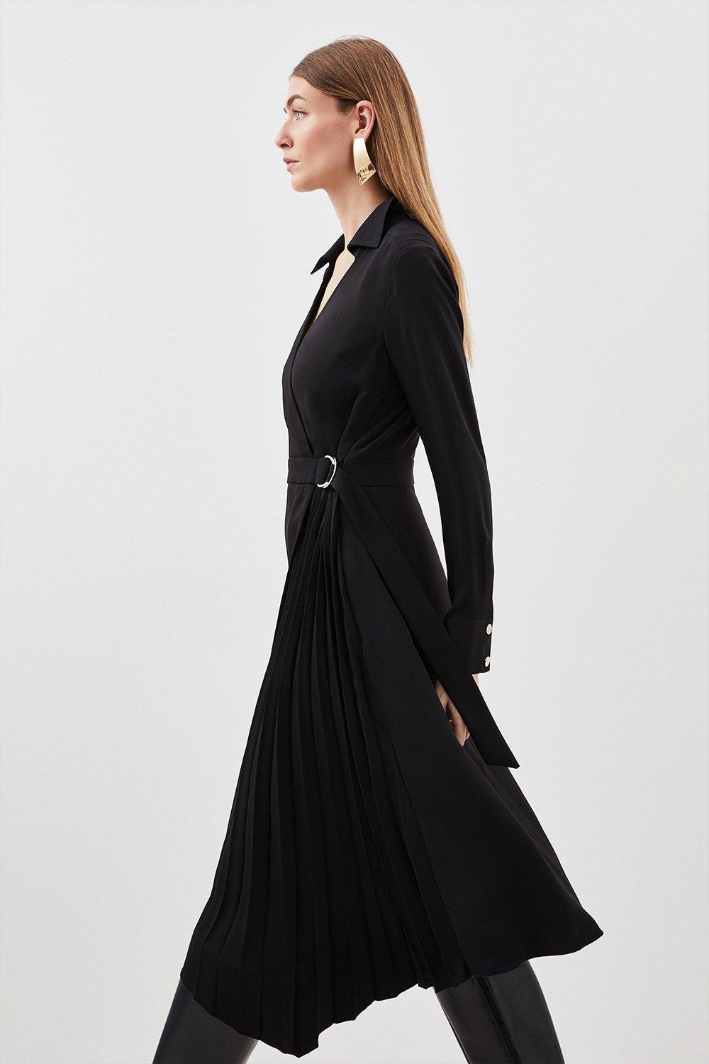 Мягкое приталенное платье-рубашка со складками и поясом Karen Millen, черный цена и фото