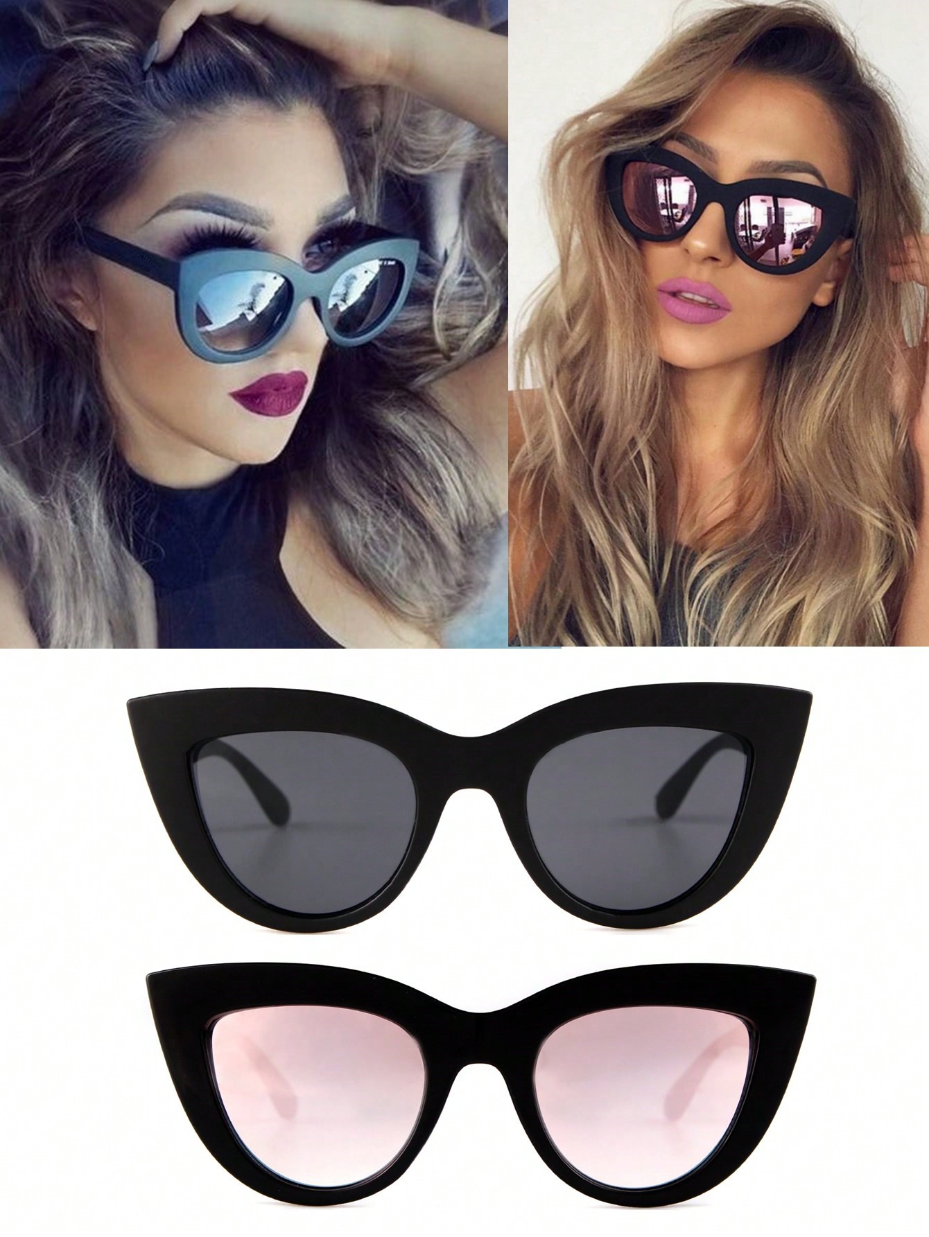 цена 2 шт. солнцезащитные очки «кошачий глаз» в классической ретро-черно-белой оправе со светоотражающими розовыми