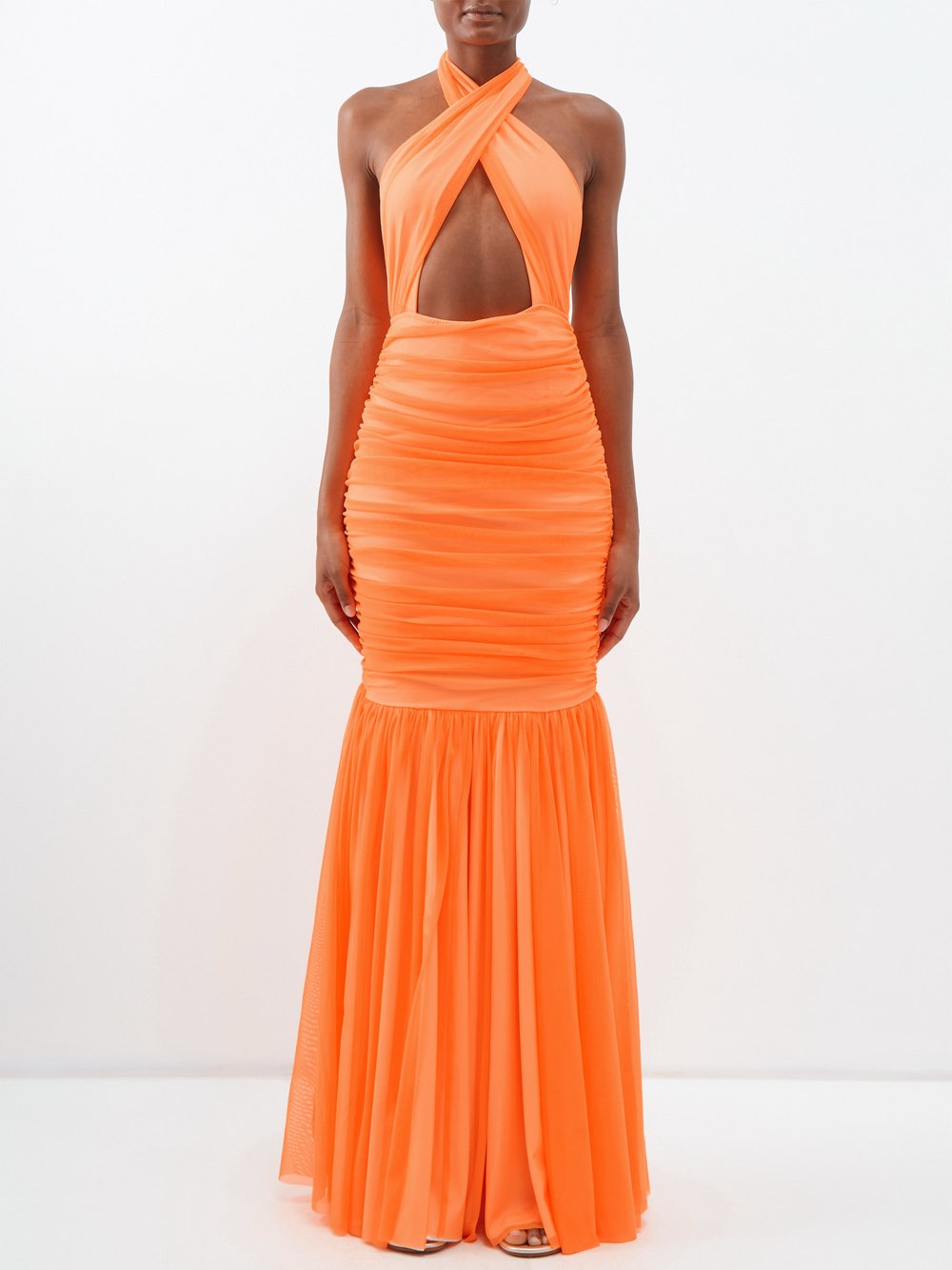 Платье «рыбий хвост» из тюля со сборками и воротником-халтером Norma Kamali, оранжевый