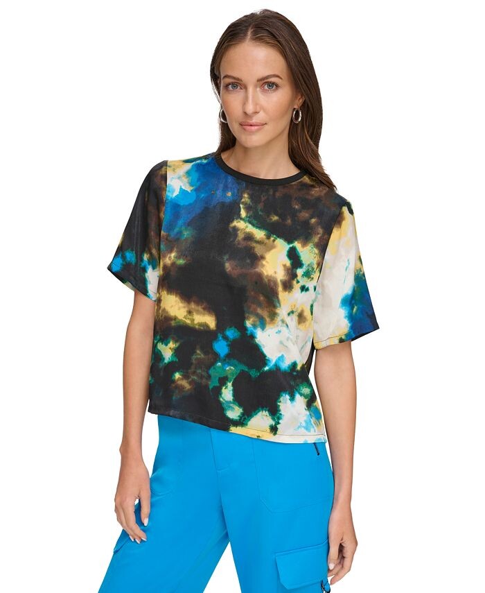 

Женский топ с круглым вырезом и короткими рукавами с принтом DKNY, цвет Citrine/black Multi