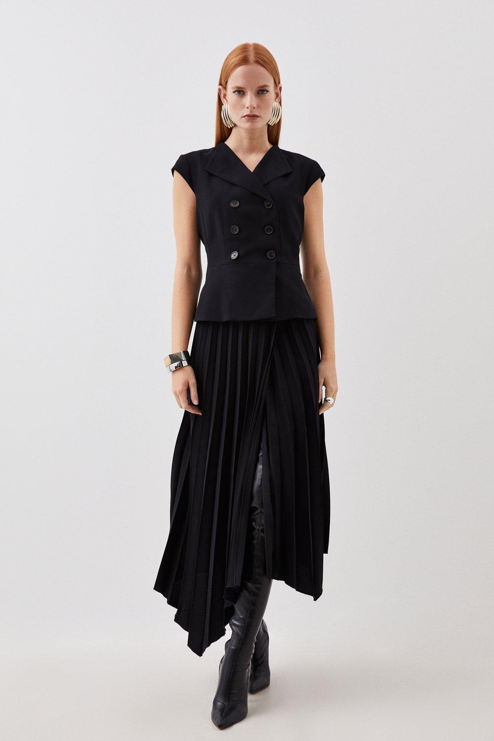 Асимметричное плиссированное платье миди чистого кроя с короткими рукавами и поясом Karen Millen, черный
