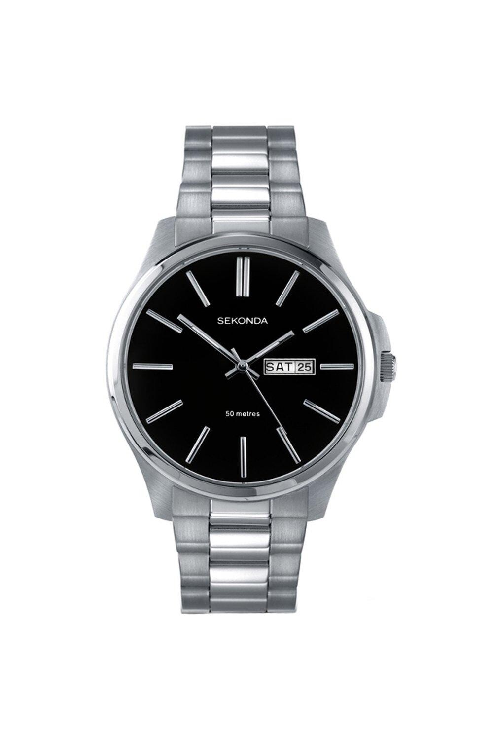 

Серебряные часы Jones 41 мм, круглый корпус, черный циферблат Sekonda, черный