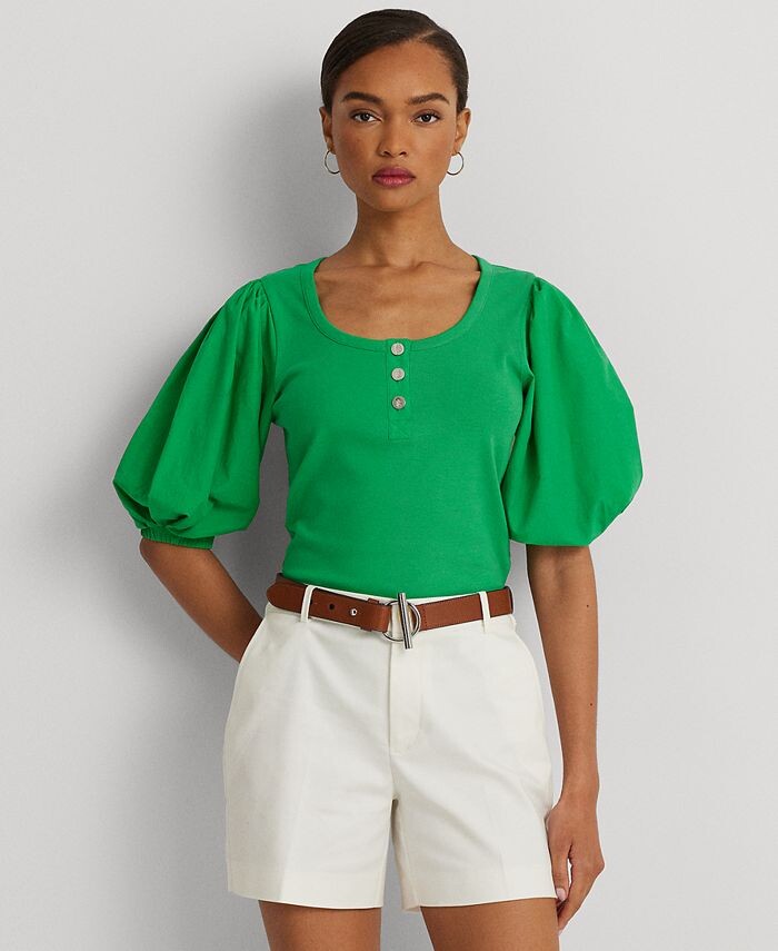 

Женская футболка Henley из эластичного хлопка с объемными рукавами Lauren Ralph Lauren, зеленый