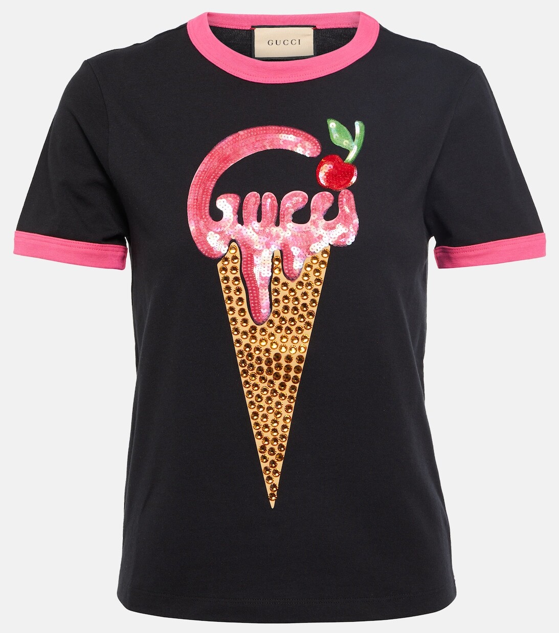 

Украшенная хлопковая футболка GUCCI, черный