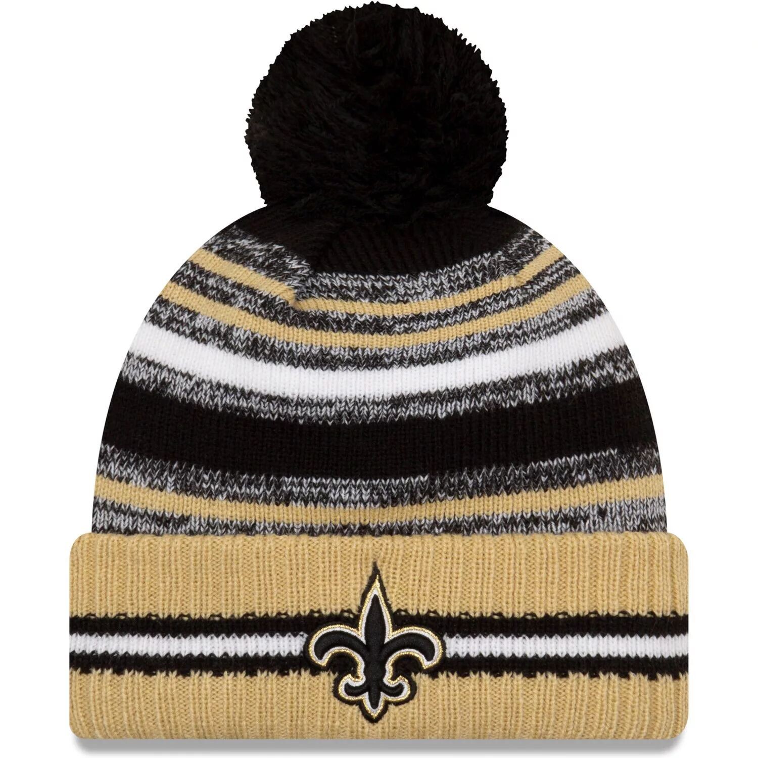 

Мужская New Era черная/золотая вязаная шапка New Orleans Saints 2021 NFL Sideline Sport с помпонами и манжетами
