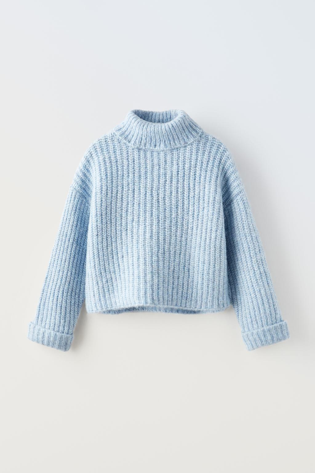 Трикотажный свитер с запахным воротником ZARA, светло-синий